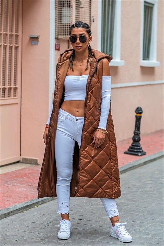 Kahverengi Kapüşonlu Cepli Baklava Desen Uzun Şişme Yelek