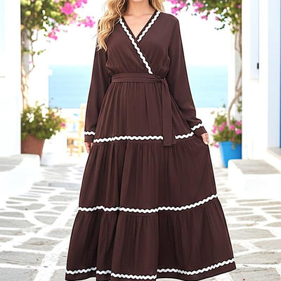 Kahverengi Kruvaze Yaka Kat Kat Uzun Elbise