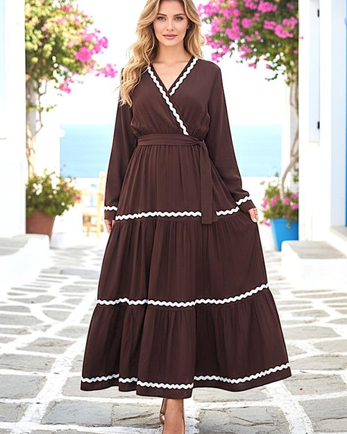 Kahverengi Kruvaze Yaka Kat Kat Uzun Elbise