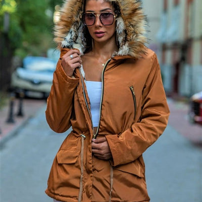 Brown Fur Hooded Fur-Lined Drawstring Waist Waterproof Parka