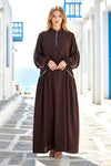 Kahverengi Nakışlı Fermuarlı Uzun Elbise