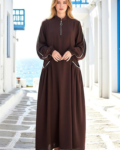 Kahverengi Nakışlı Fermuarlı Uzun Elbise