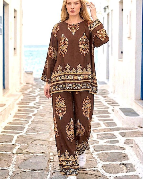 Kahverengi Otantik Desenli Pantolon Bluz Takım