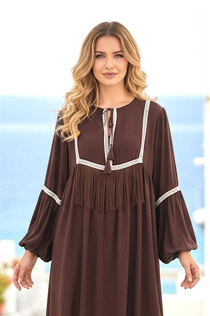 Kahverengi Püskül Detaylı Diz Boyu Elbise