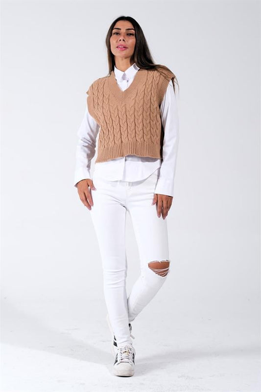Kahverengi V Yaka Crop Saç Örgü Triko Süveter
