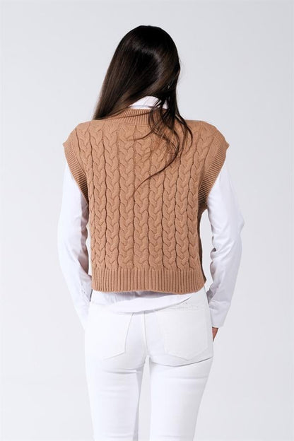 Kahverengi V Yaka Crop Saç Örgü Triko Süveter