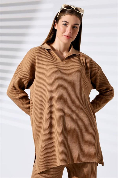 Kahverengi V Yaka Fitilli Tunik Pantolon Triko Alt Üst Takım