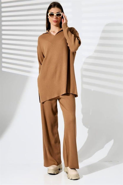 Kahverengi V Yaka Fitilli Tunik Pantolon Triko Alt Üst Takım