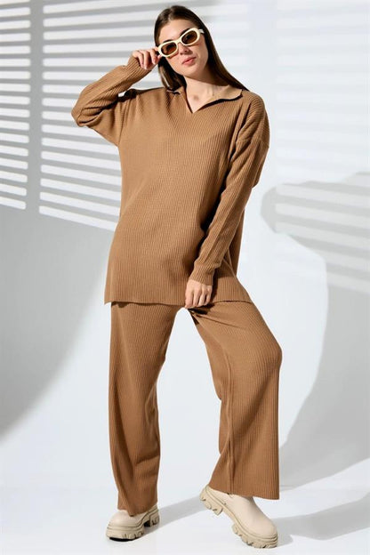 Kahverengi V Yaka Fitilli Tunik Pantolon Triko Alt Üst Takım