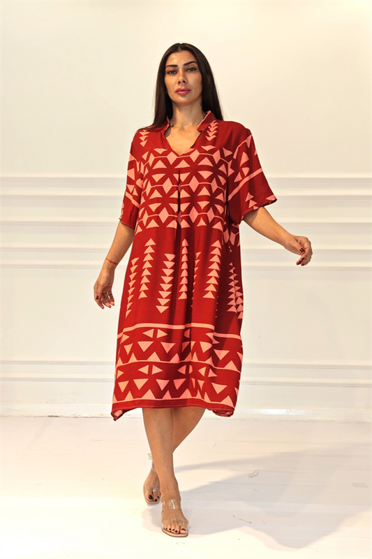 Kiremit Rengi V Yaka Desenli Cepli Midi Elbise