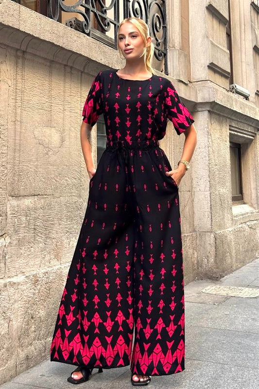 Kırmızı Balık Desenli Kayık Yaka Beli Lastikli Cepli Bol Paça İkili Takım