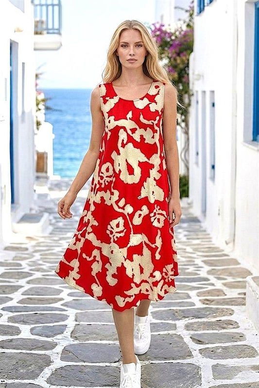 Kırmızı Desenli Kalın Askılı Midi Elbise