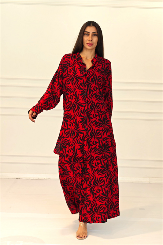 Kırmızı Desenli Kolu Apoletli Cepli Gömlek Pantolon Takım