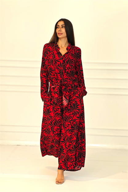 Kırmızı Desenli Kolu Apoletli Cepli Gömlek Pantolon Takım