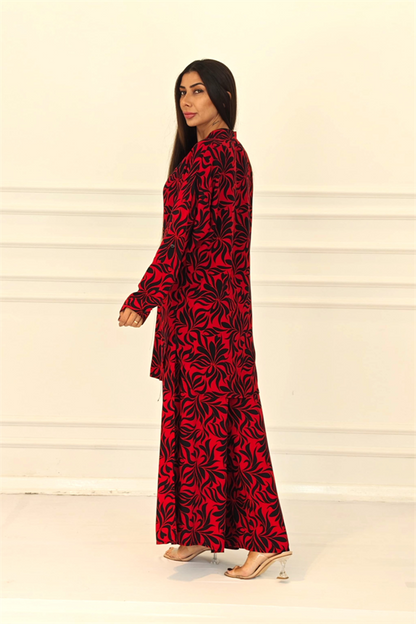 Kırmızı Desenli Kolu Apoletli Cepli Gömlek Pantolon Takım