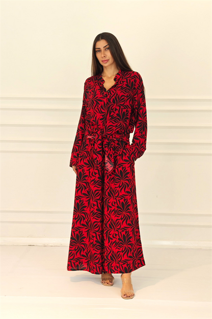 Kırmızı Desenli Kolu Apoletli Cepli Gömlek Pantolon Takım