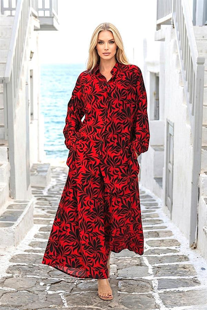 Kırmızı Desenli Kolu Apoletli Cepli Gömlek Pantolon Takım