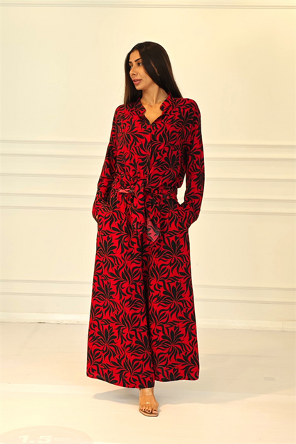 Kırmızı Desenli Kolu Apoletli Cepli Gömlek Pantolon Takım