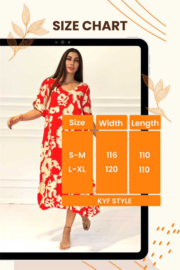 Kırmızı desenli, V yaka, fırfırlı etekli ve cepli midi boy elbise.