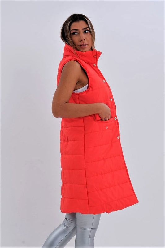 Kırmızı Dik Yaka Cep Detaylı Uzun Şişme Yelek