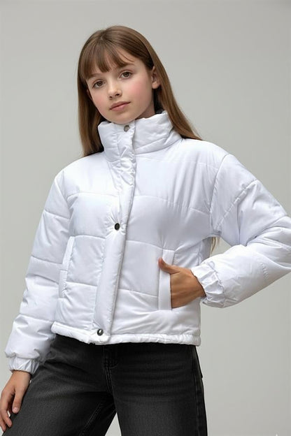 Kız Çocuk Beyaz Çıtçıtlı Fermuarlı Şişme Mont