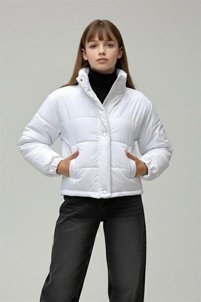 Kız Çocuk Beyaz Çıtçıtlı Fermuarlı Şişme Mont