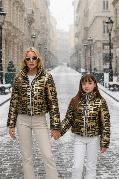 Kız Çocuk Gold Parlak Yazılı Şişme Mont