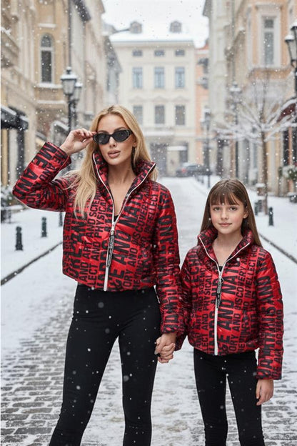 Kız Çocuk Kırmızı Parlak Yazılı Şişme Mont