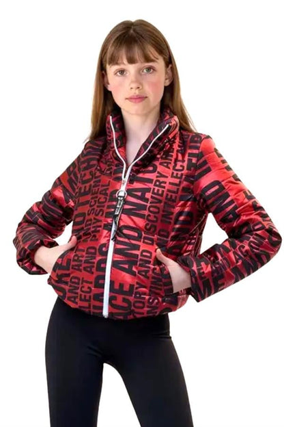 Kız Çocuk Kırmızı Parlak Yazılı Şişme Mont