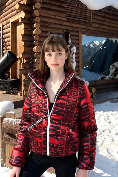 Kız Çocuk Kırmızı Parlak Yazılı Şişme Mont