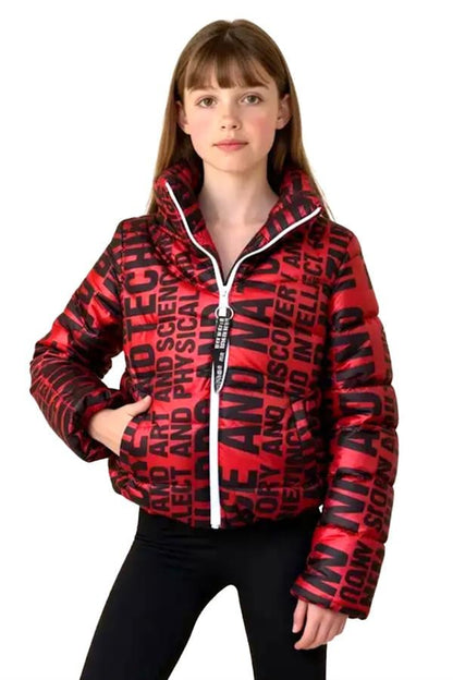 Kız Çocuk Kırmızı Parlak Yazılı Şişme Mont