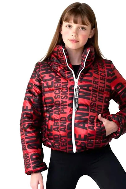 Kız Çocuk Kırmızı Parlak Yazılı Şişme Mont