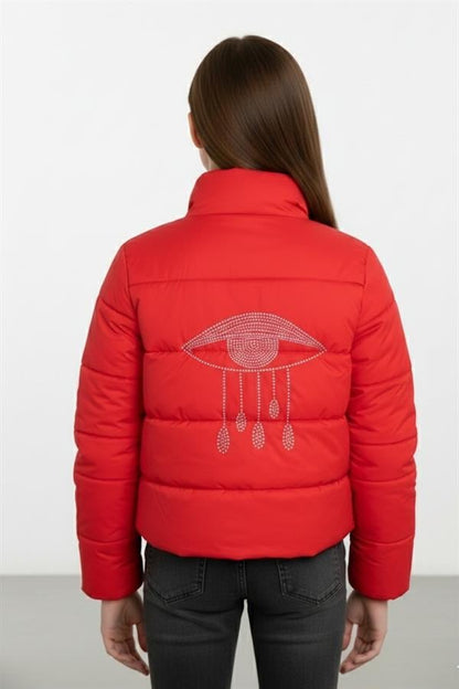 Kız Çocuk Kırmızı Sırtı Taş Baskılı Şişme Mont