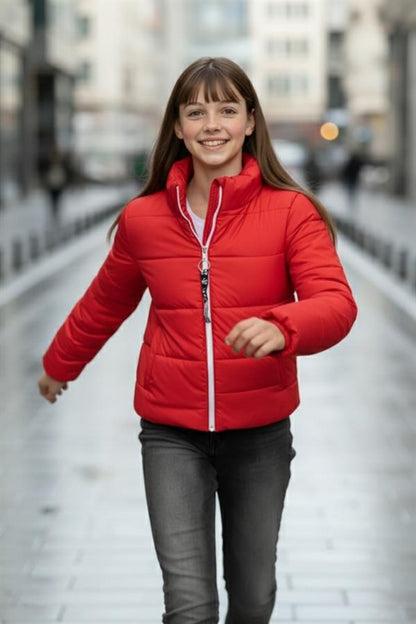 Kız Çocuk Kırmızı Sırtı Taş Baskılı Şişme Mont