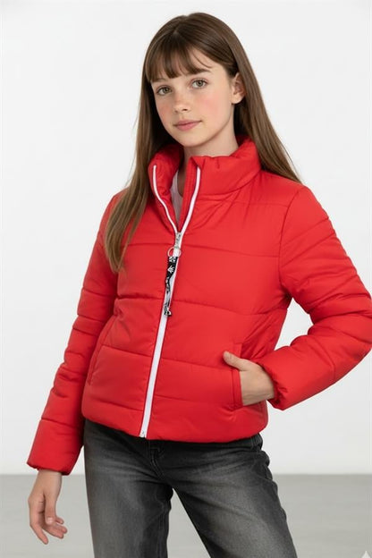 Kız Çocuk Kırmızı Sırtı Taş Baskılı Şişme Mont