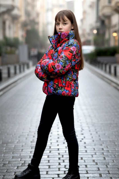 Kız Çocuk Mavi Dik Yaka Çiçekli Şişme Mont