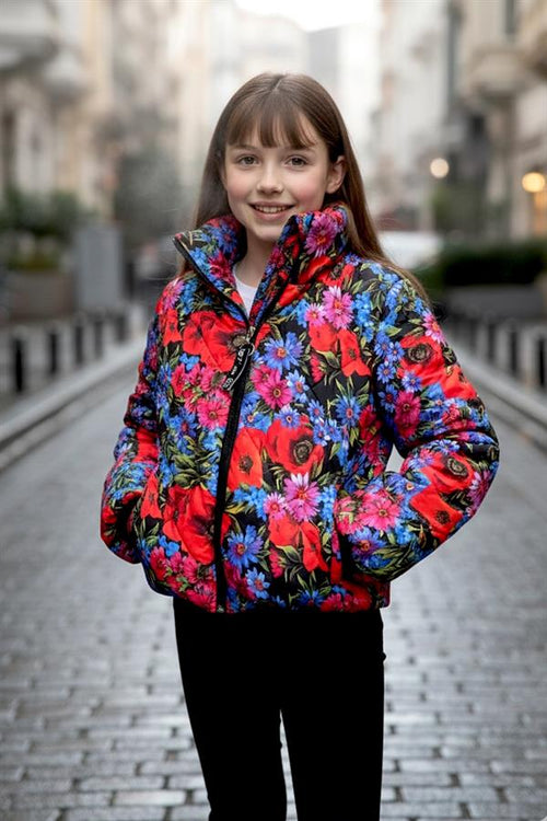 Kız Çocuk Mavi Dik Yaka Çiçekli Şişme Mont