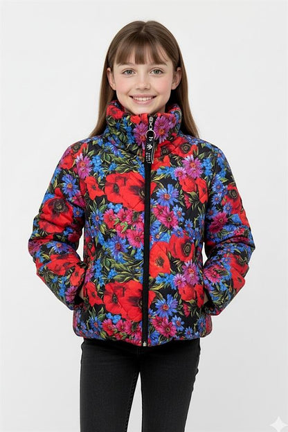 Kız Çocuk Mavi Dik Yaka Çiçekli Şişme Mont