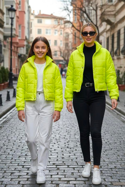 Kız Çocuk Neon Yeşil Çıtçıtlı Fermuarlı Şişme Mont