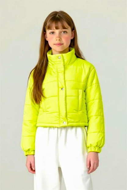 Kız Çocuk Neon Yeşil Çıtçıtlı Fermuarlı Şişme Mont