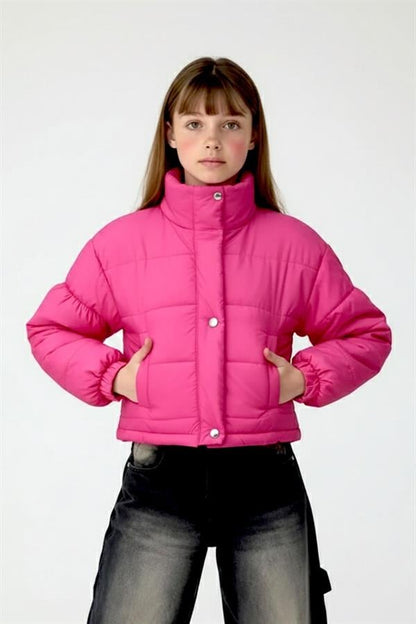 Kız Çocuk Pembe Çıtçıtlı Fermuarlı Şişme Mont