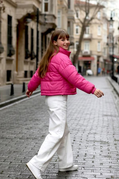 Kız Çocuk Pembe Çıtçıtlı Fermuarlı Şişme Mont