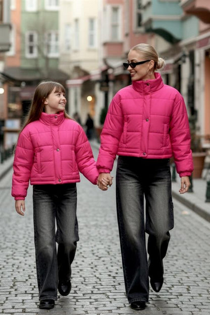 Kız Çocuk Pembe Çıtçıtlı Fermuarlı Şişme Mont