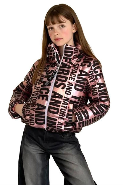 Kız Çocuk Pembe Parlak Yazılı Şişme Mont