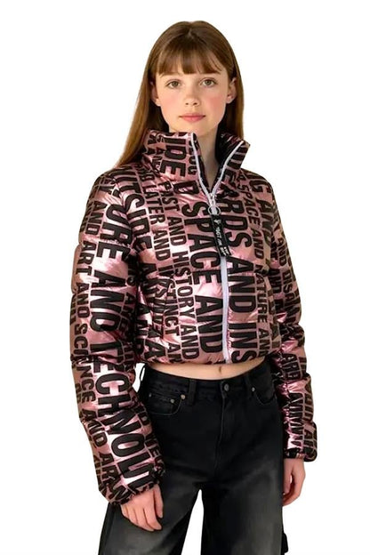Kız Çocuk Pembe Parlak Yazılı Şişme Mont