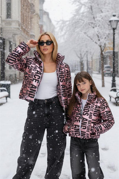 Kız Çocuk Pembe Parlak Yazılı Şişme Mont