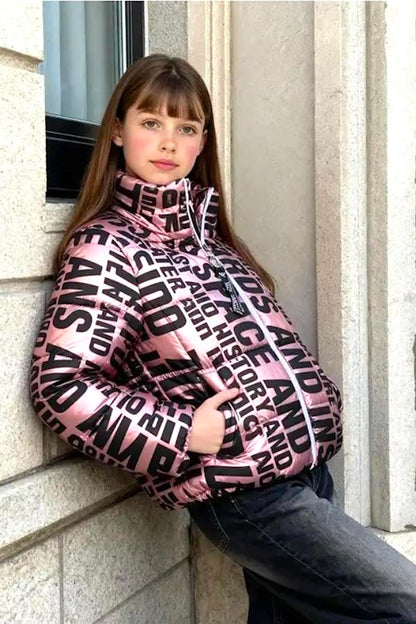 Kız Çocuk Pembe Parlak Yazılı Şişme Mont