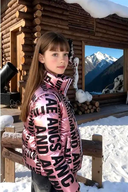 Kız Çocuk Pembe Parlak Yazılı Şişme Mont