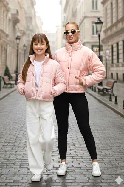 Kız Çocuk Pudra Rengi Çıtçıtlı Fermuarlı Şişme Mont