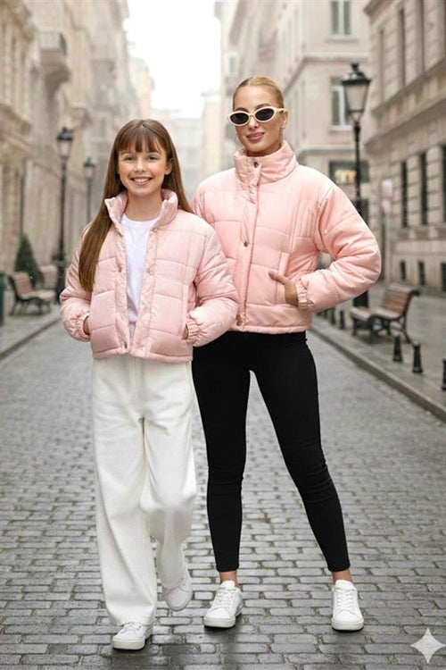 Kız Çocuk Pudra Rengi Çıtçıtlı Fermuarlı Şişme Mont